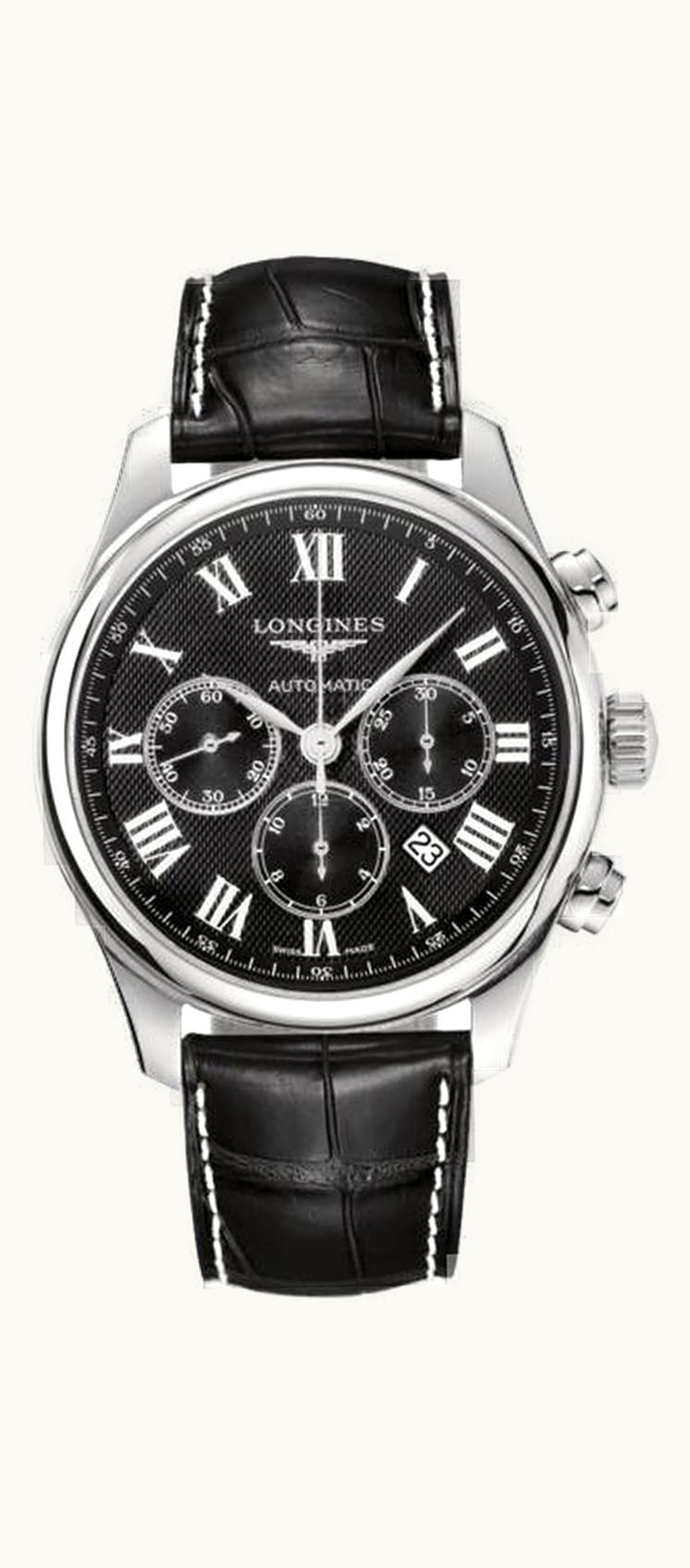 Longines Master Collection 44 Chronograph Stainless Steel / Black-Roman / Alligator