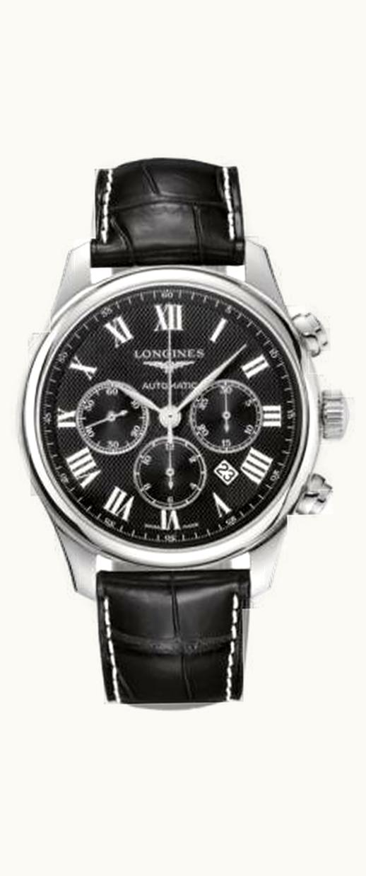 Longines Master Collection 44 Chronograph Stainless Steel / Black-Roman / Alligator XL
