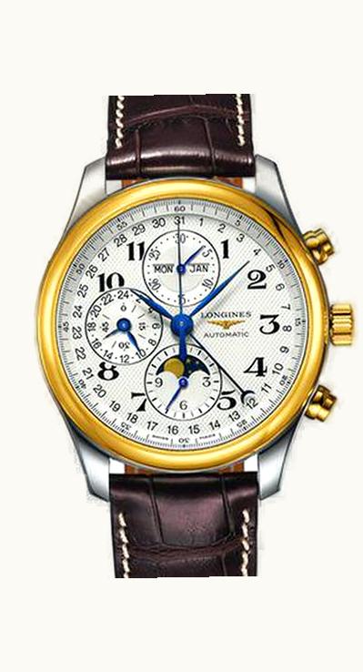 Longines Master Collection 42 Chronograph Calendar Stainless Steel / Yellow Gold / Silver-Arabic / Alligator