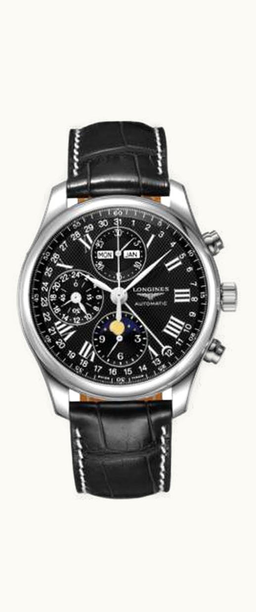 Longines Master Collection 42 Chronograph Calendar Stainless Steel / Black-Roman / Alligator XL