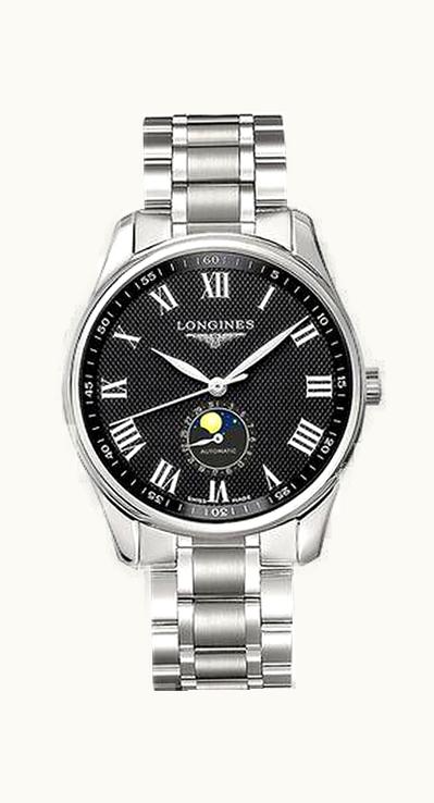 Longines Master Collection 42 Moonphase Stainless Steel / Black-Roman / Bracelet