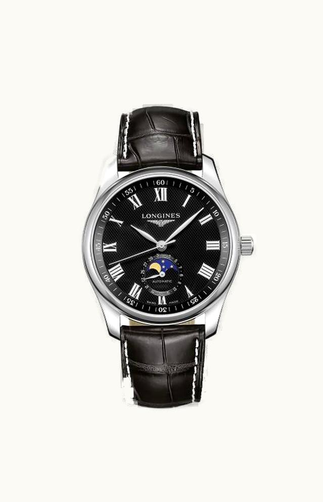 Longines Master Collection 40 Moonphase Stainless Steel / Black-Roman / Alligator