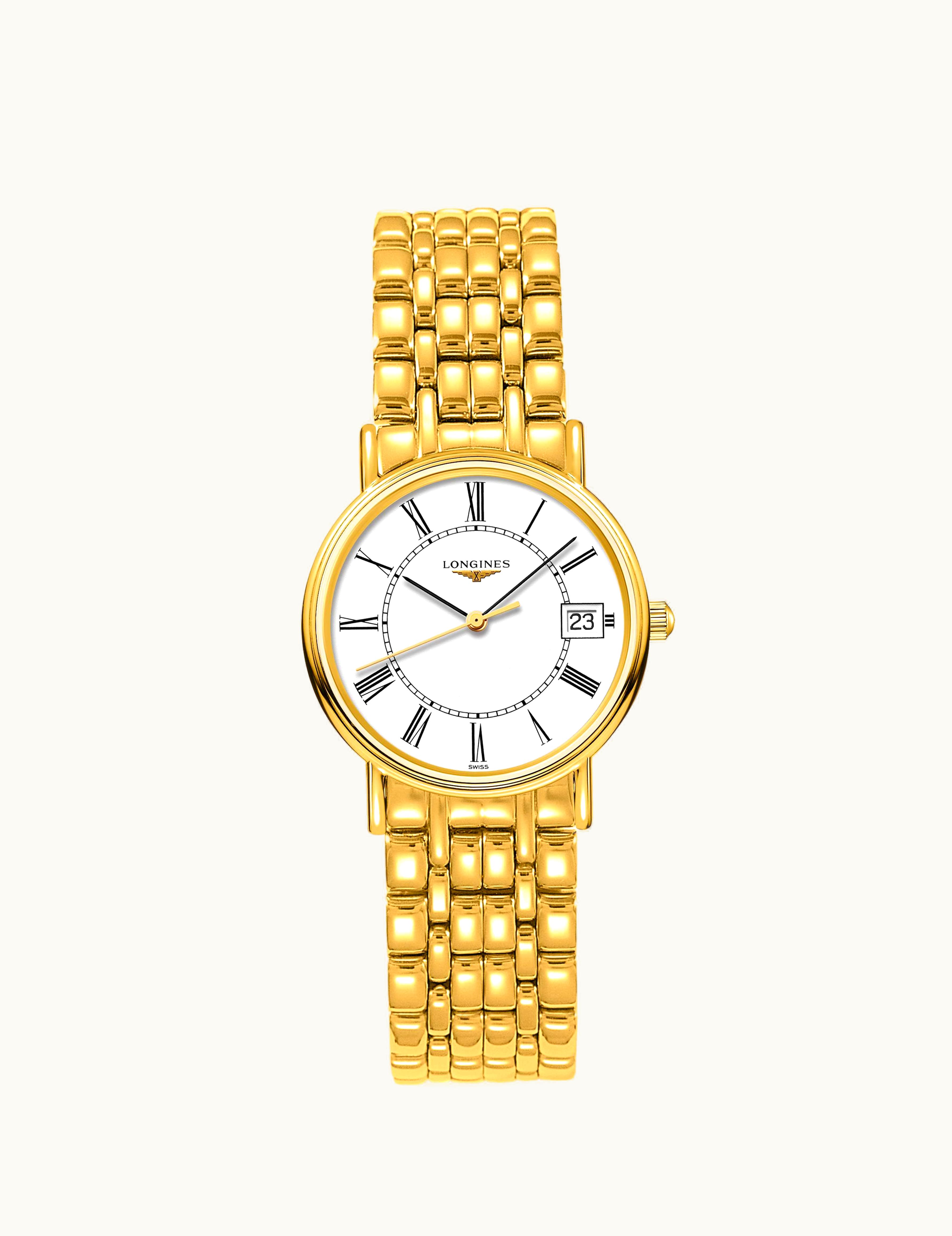 Longines Presence Quartz 30mm PVD Gold / White - Roman / Bracelet