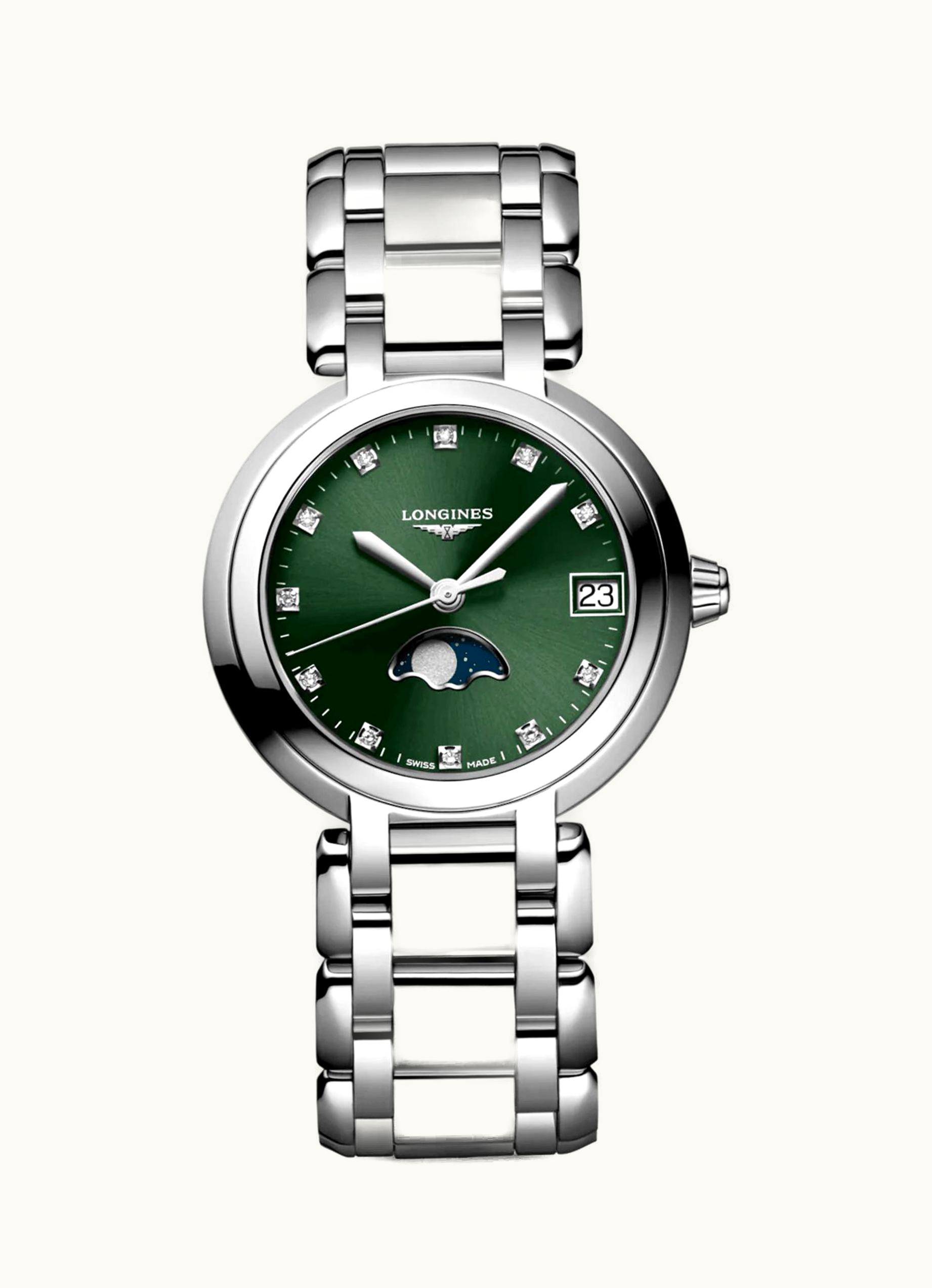 Longines PrimaLuna 30.5 Quartz Moonphase Stainless Steel / Green - Diamond / Bracelet