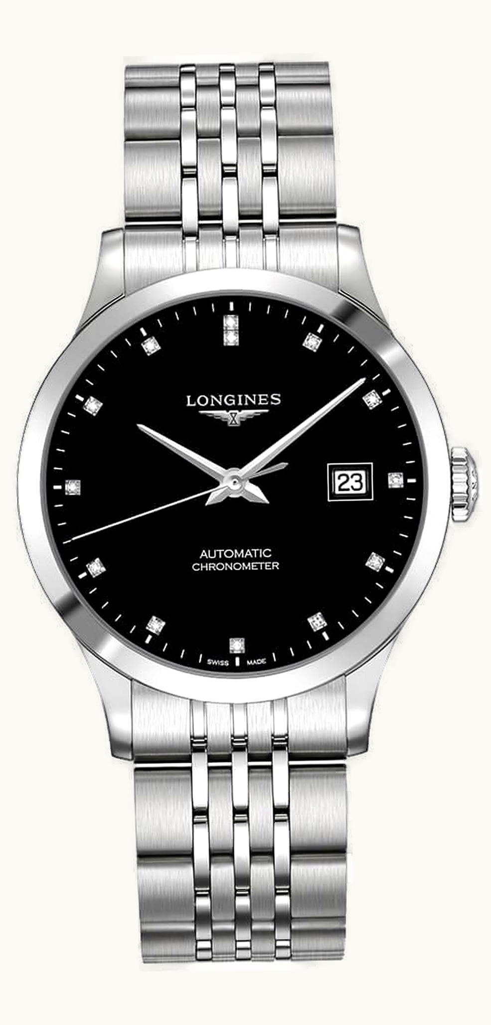 Longines Record 38.5mm Stainless Steel / Black-Diamond / Bracelet