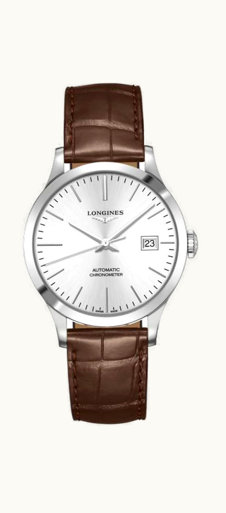 Longines Record 38.5mm Stainless Steel / Silver / Alligator
