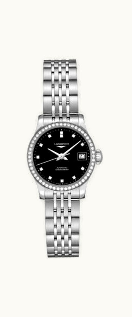 Longines Record 26mm Stainless Steel / Diamond / Black-Diamond / Bracelet