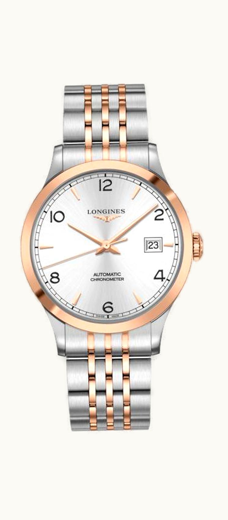 Longines Record 40mm Stainless Steel / Pink Gold / Silver-Arabic / Bracelet