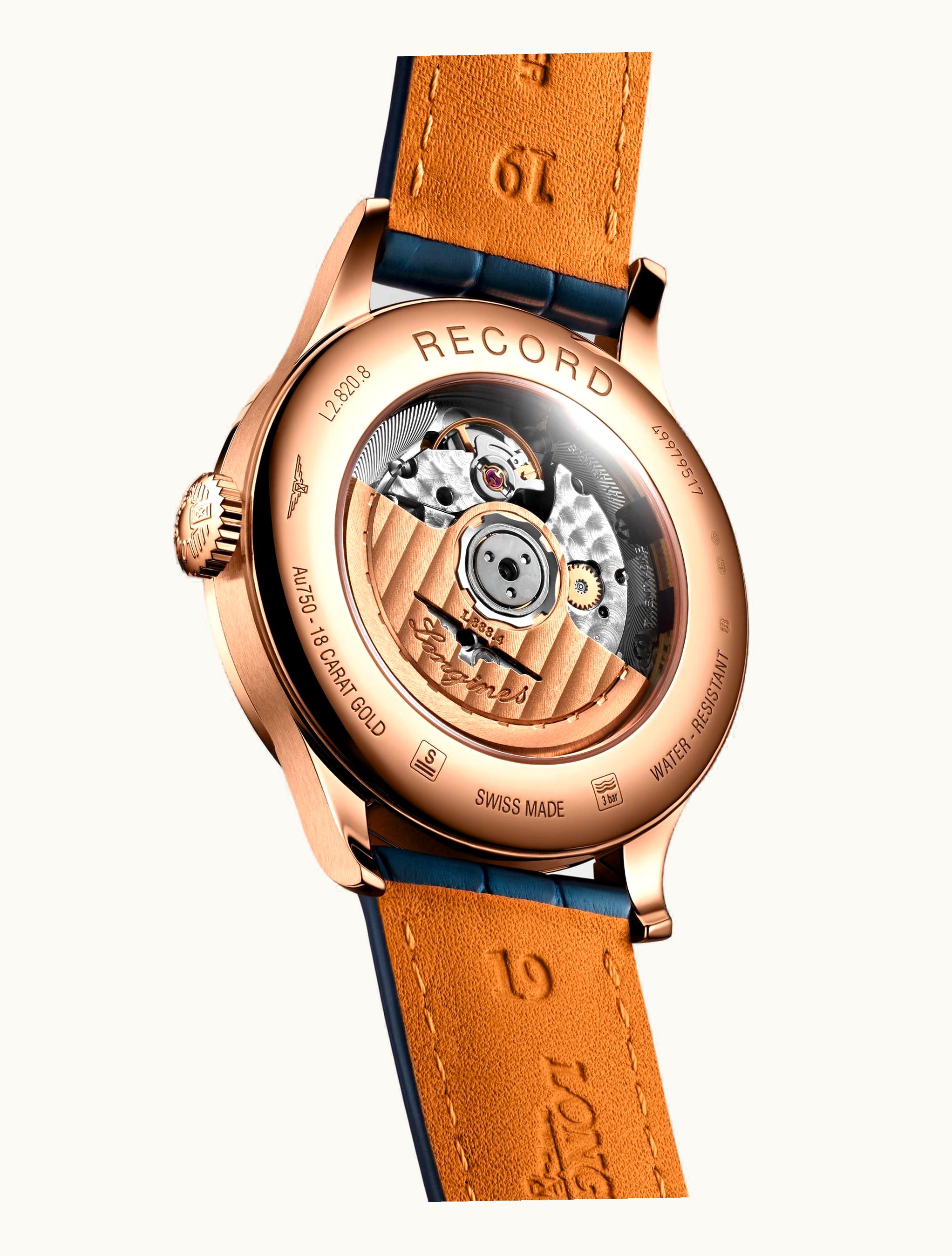 Longines Record 38.5mm Pink Gold / Blue / Alligator