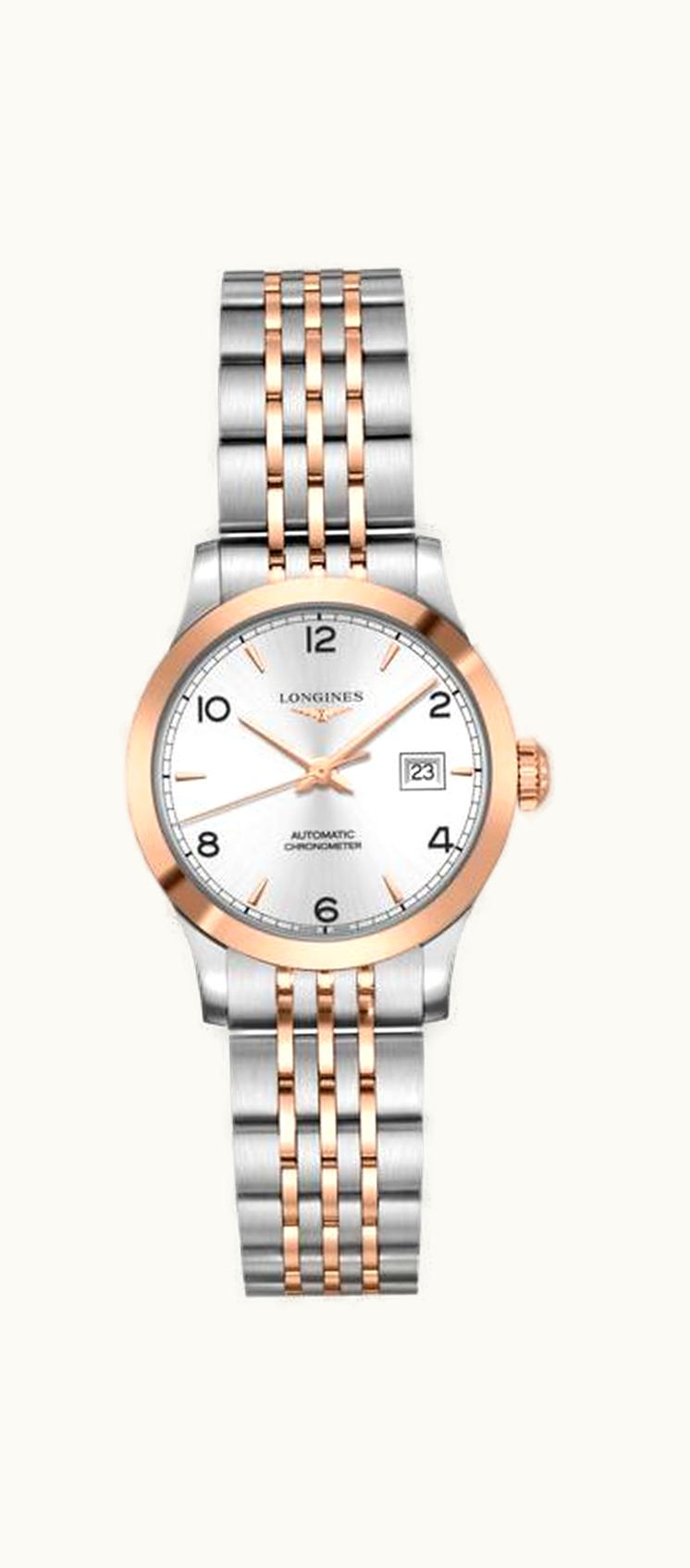 Longines Record 30mm Stainless Steel / Pink Gold / Silver-Arabic / Bracelet