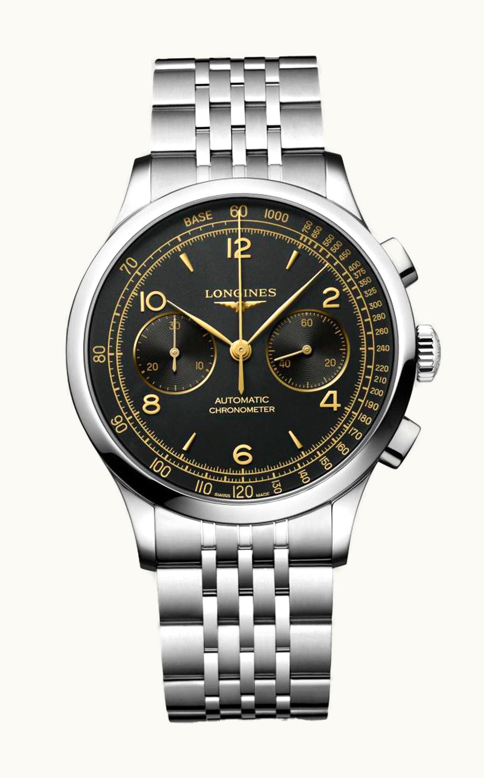 Longines Record Heritage Chronograph Stainless Steel / Black / Bracelet