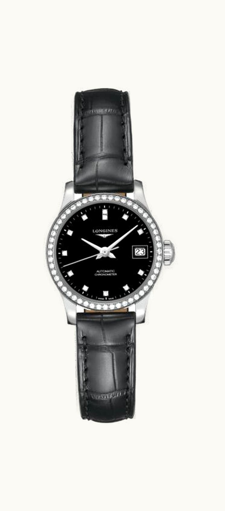 Longines Record 26mm Stainless Steel / Diamond / Black-Diamond / Alligator