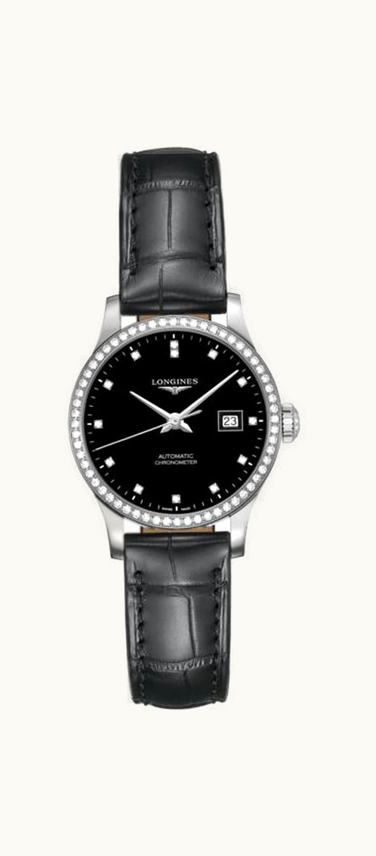 Longines Record 30mm Stainless Steel / Diamond / Black-Diamond / Bracelet