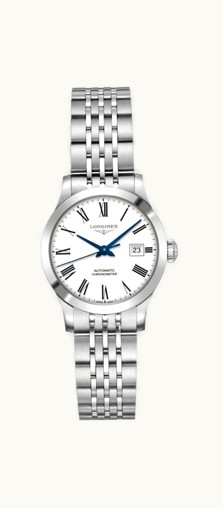 Longines Record 30mm Stainless Steel / White Roman / Bracelet