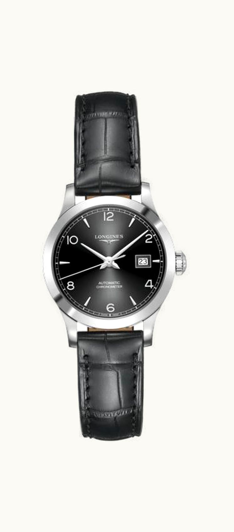 Longines Record 30mm Stainless Steel / Black-Arabic / Alligator