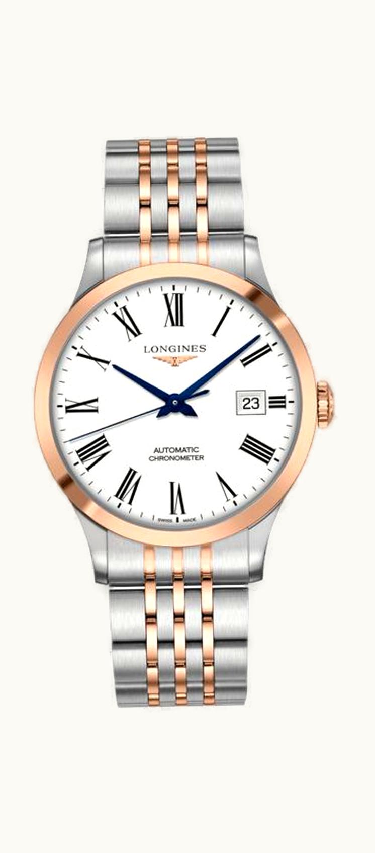 Longines Record 40mm Stainless Steel / Pink Gold / White-Roman / Bracelet