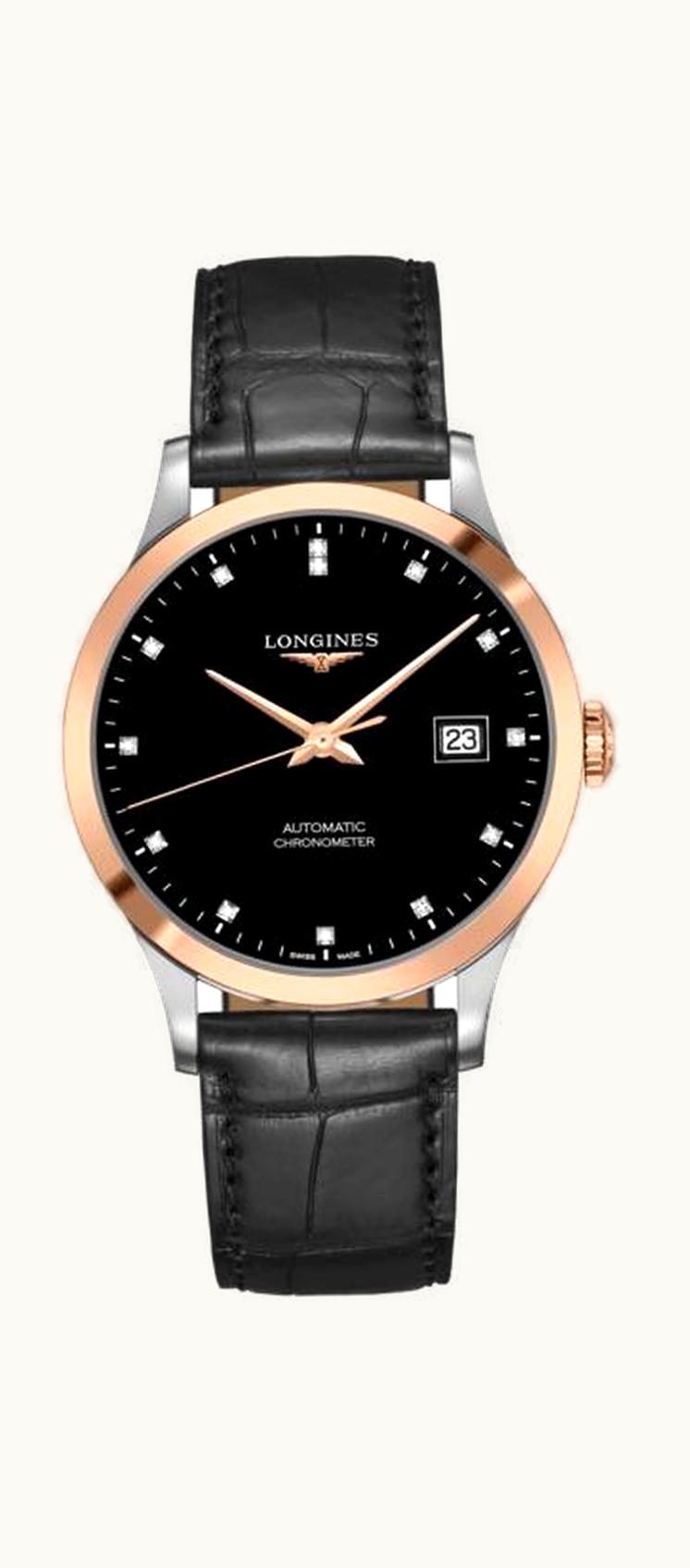 Longines Record 40mm Stainless Steel / Pink Gold / Black-Diamond / Alligator