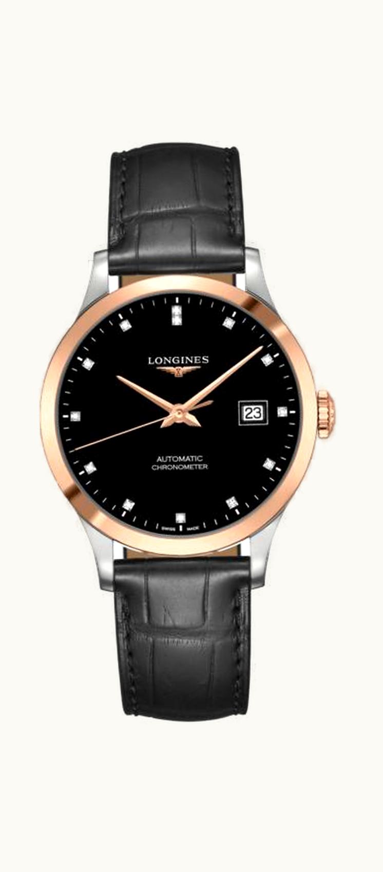 Longines Record 38.5mm Stainless Steel / Pink Gold / Black-Diamond / Alligator