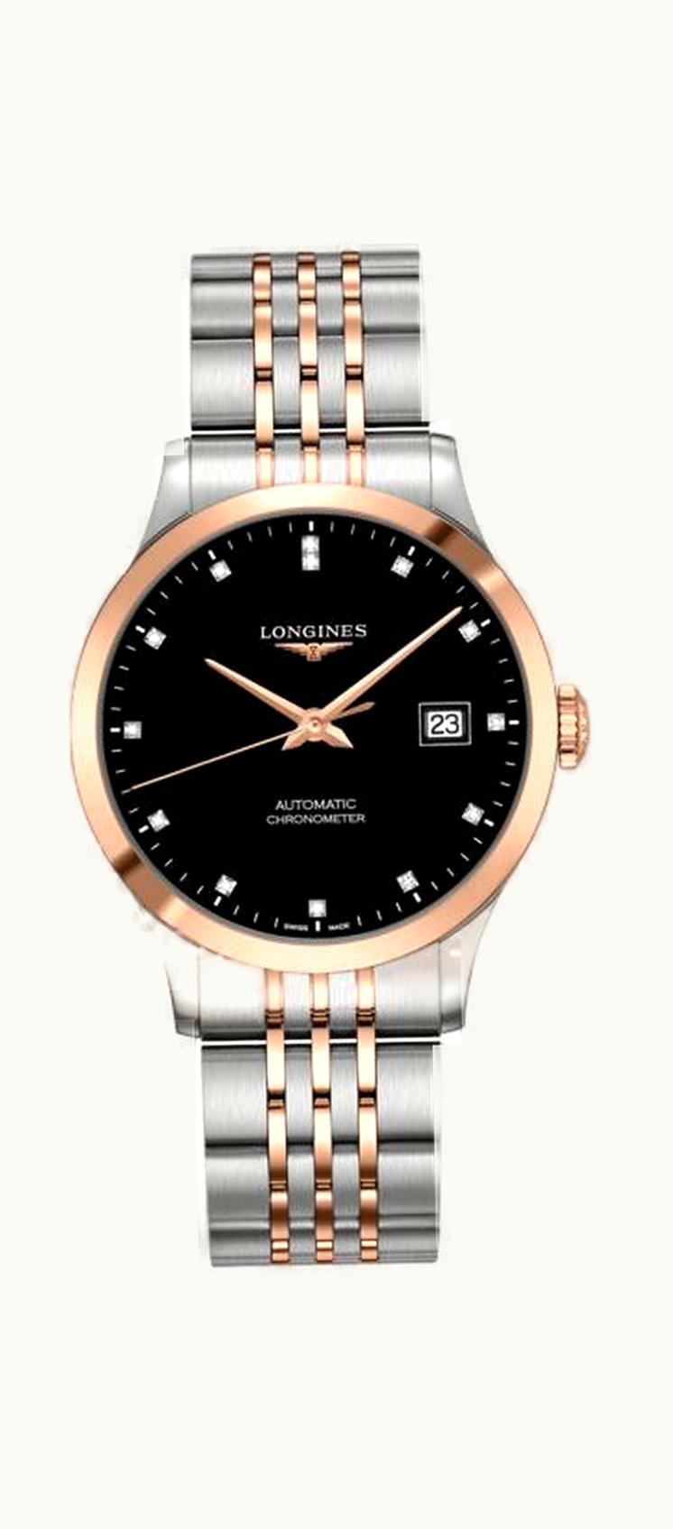 Longines Record 38.5mm Stainless Steel / Pink Gold / Black-Diamond / Bracelet