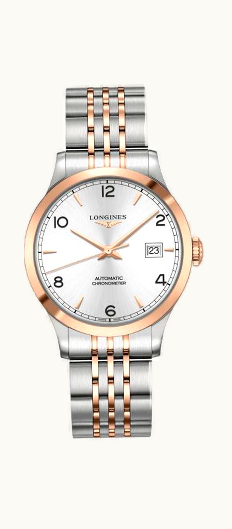 Longines Record 38.5mm Stainless Steel / Pink Gold / Silver-Arabic / Bracelet