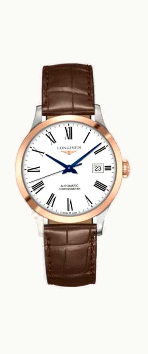 Longines Record 38.5mm Stainless Steel / Pink Gold / White-Roman / Alligator
