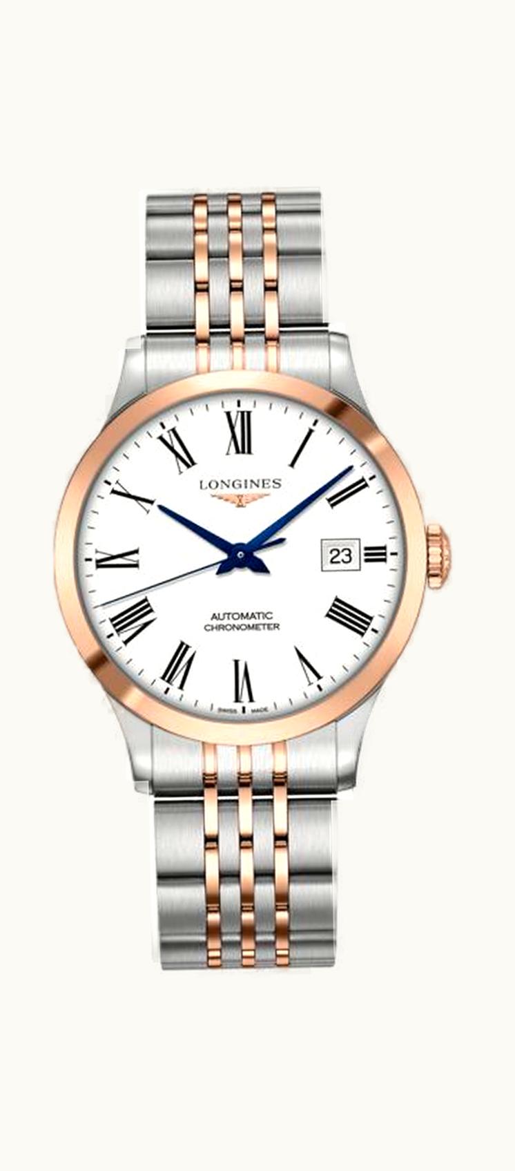 Longines Record 38.5mm Stainless Steel / Pink Gold / White-Roman / Bracelet
