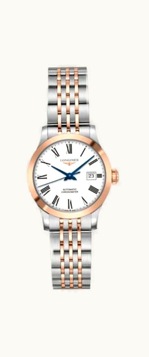 Longines Record 30mm Stainless Steel / Pink Gold / White-Roman / Bracelet