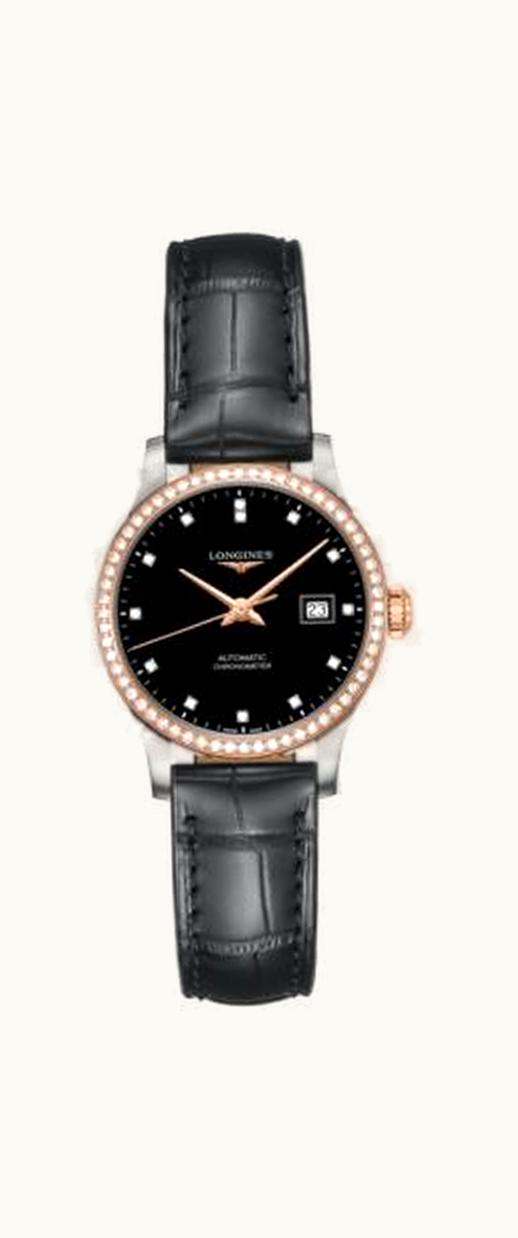 Longines Record 30mm Stainless Steel / Pink Gold / Diamond / Black-Diamond / Alligator