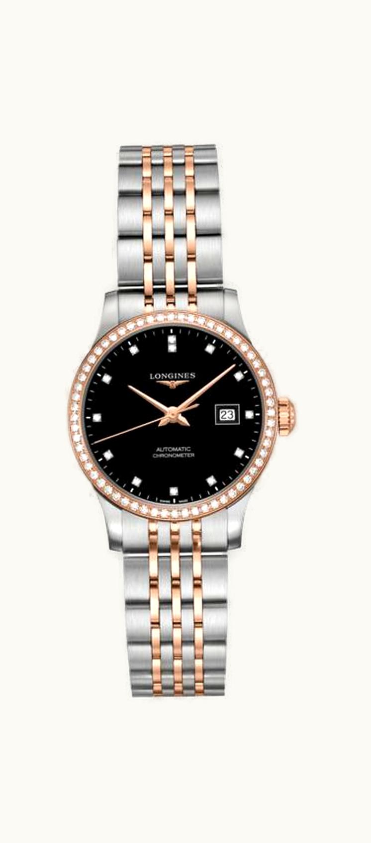 Longines Record 30mm Stainless Steel / Pink Gold / Diamond / Black-Diamond / Bracelet