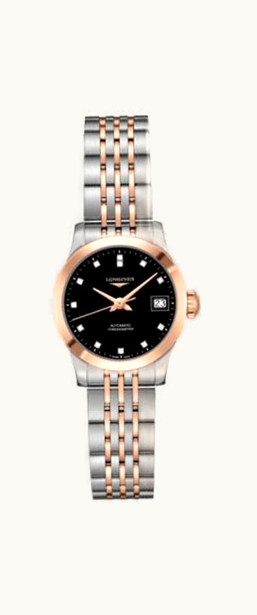 Longines Record 26mm Stainless Steel / Pink Gold / Black-Diamond / Bracelet