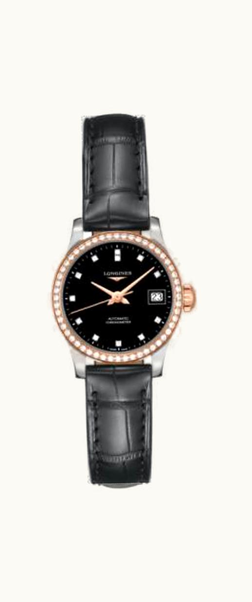 Longines Record 26mm Stainless Steel / Pink Gold / Diamond / Black-Diamond / Alligator