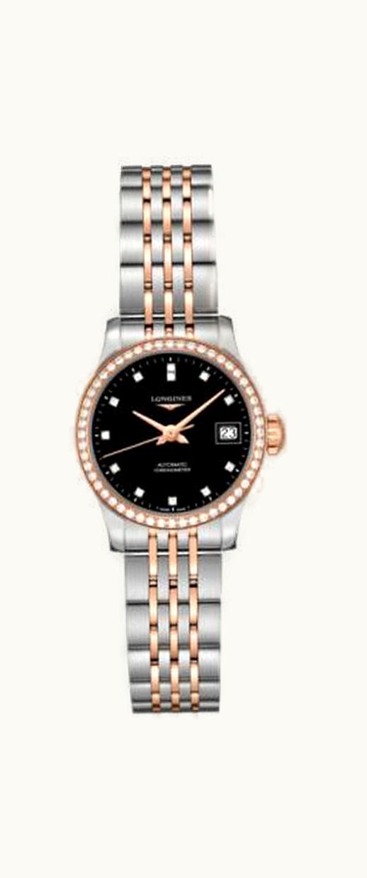 Longines Record 26mm Stainless Steel / Pink Gold / Diamond / Black-Diamond / Bracelet