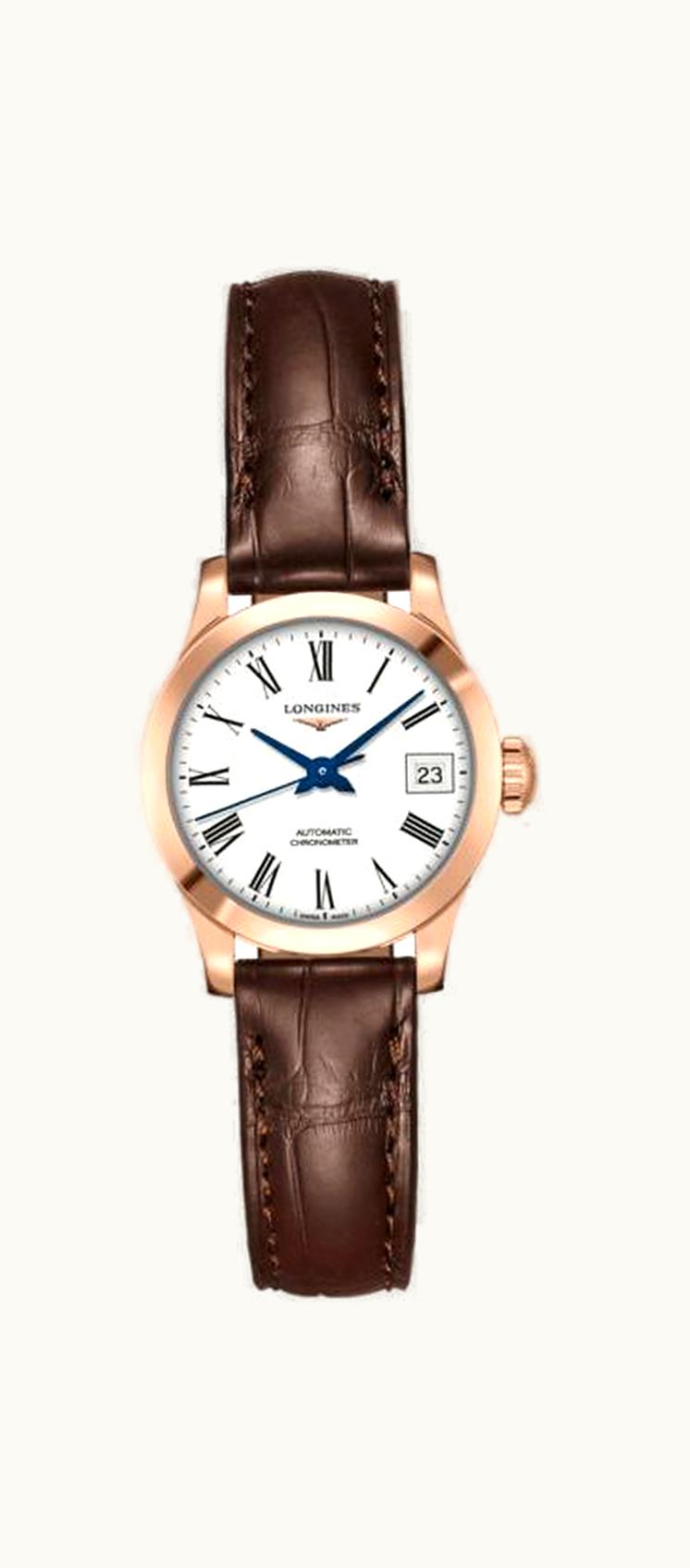 Longines Record 26mm Stainless Pink Gold / White-Roman / Alligator