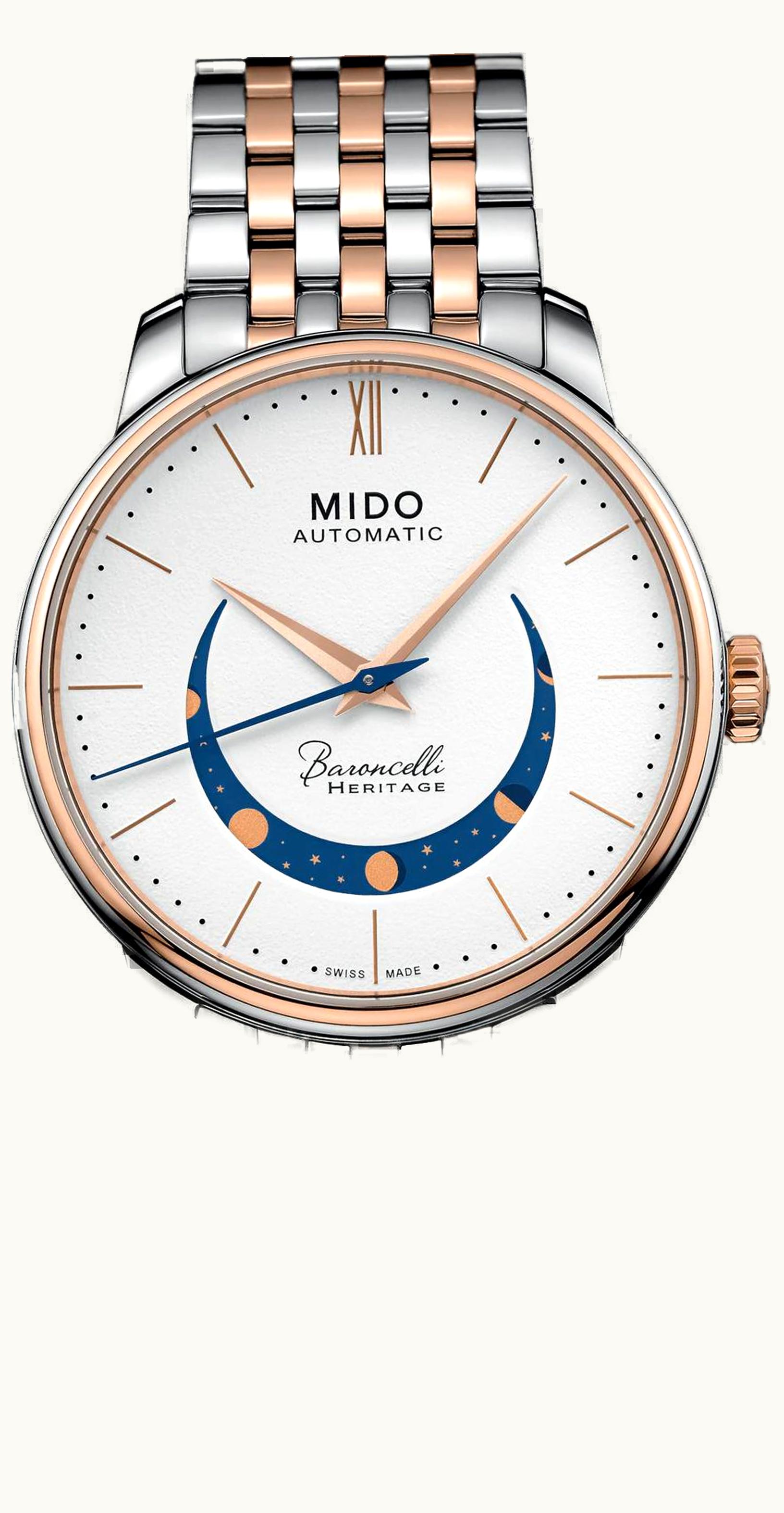 Mido Baroncelli Heritage Smiling Moon 39 Stainless Steel - Rose Gold / White