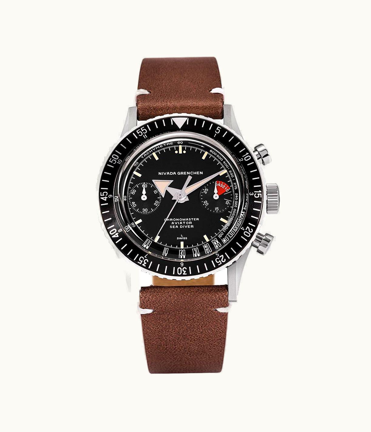 Nivada Grenchen Chronomaster Aviator Sea Diver Manual Stainless Steel / Black / Brown Leather