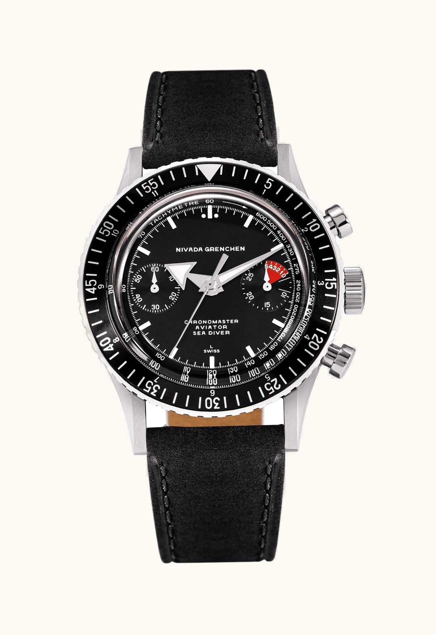 Nivada Grenchen Chronomaster Aviator Sea Diver Manual Stainless Steel / Black / Black Leather