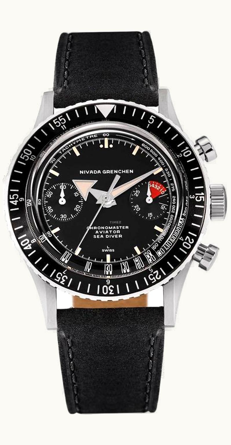 Nivada Grenchen Chronomaster Aviator Sea Diver Automatic Stainless Steel / Black / Black Leather