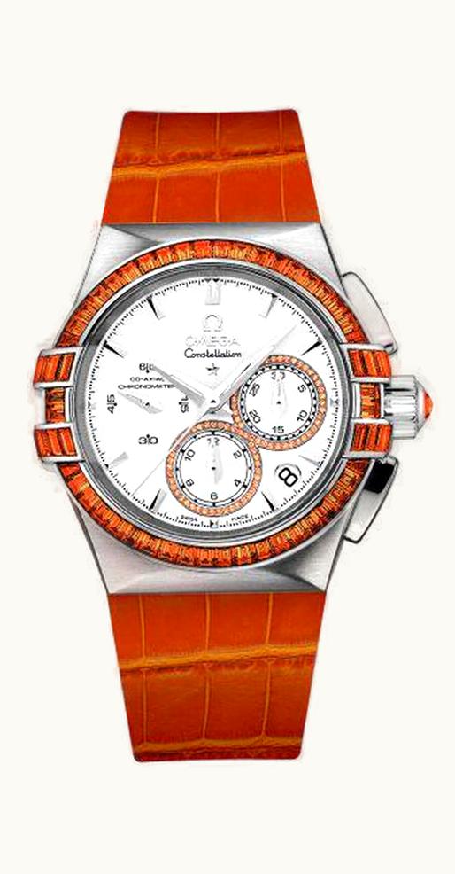 Omega Constellation Co-Axial 35 Chronograph Double Eagle White Gold / Silver / Orange Alligator