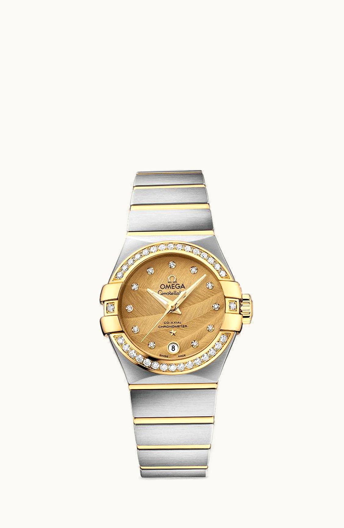 Omega Constellation Co-Axial 27 Brushed Stainless Steel / Yellow Gold / Diamond Bezel / Champagne Feather