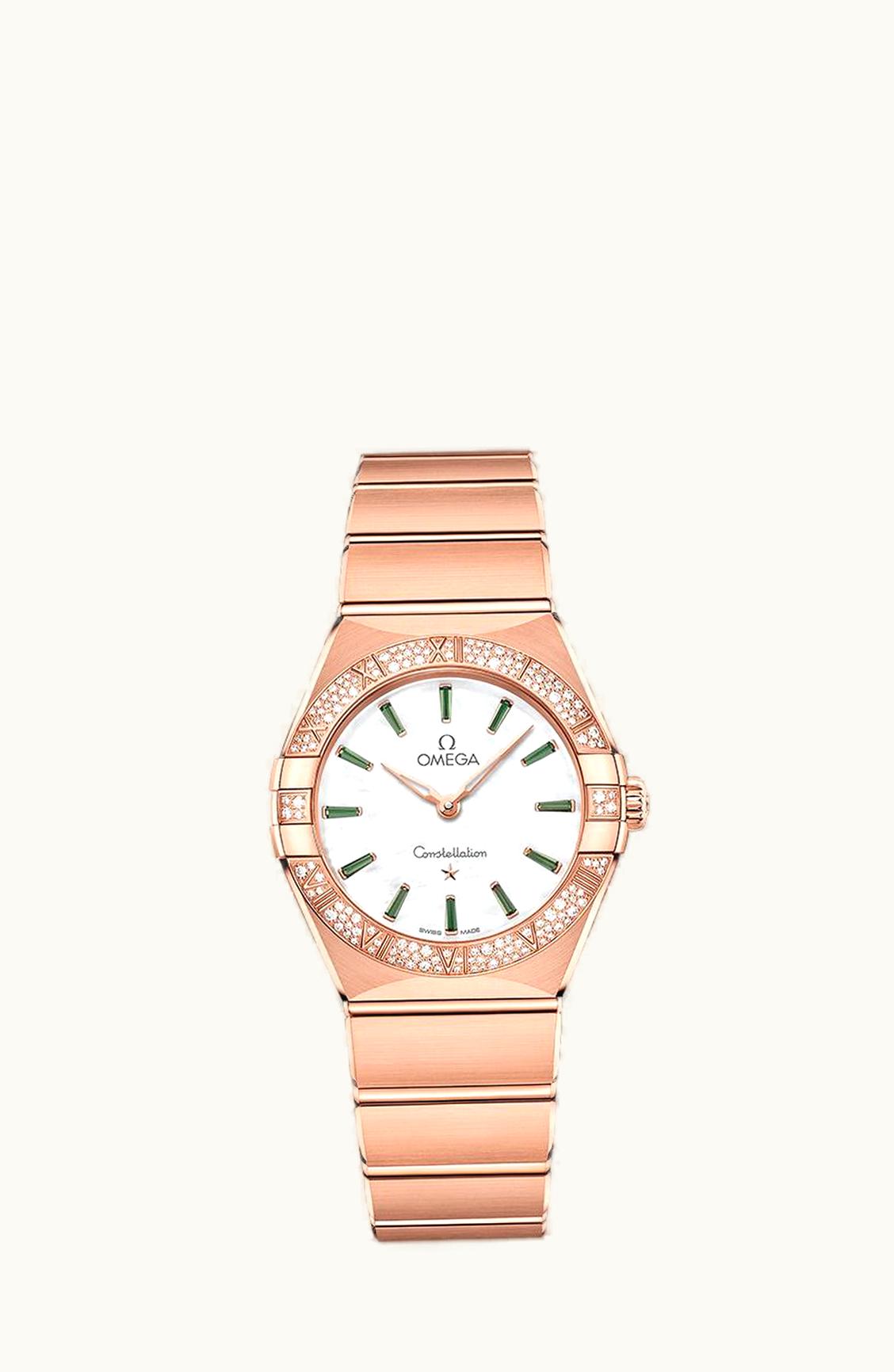 Omega Constellation Manhattan 28 Quartz Sedna Gold / MOP - Emerald / Diamond