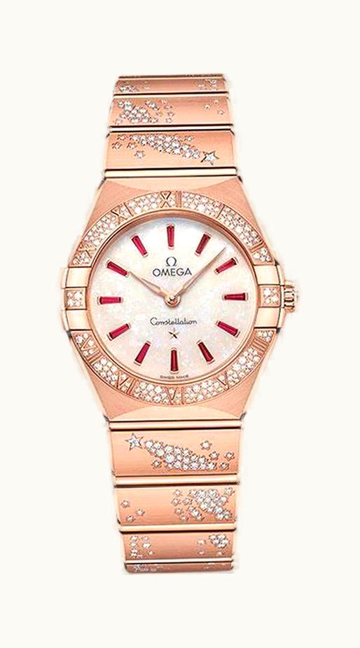 Omega Constellation Manhattan 28 Quartz Sedna Gold / MOP - Ruby / Diamond