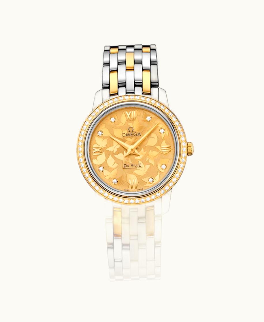 Omega De Ville Prestige Quartz 27.4 Stainless Steel / Yellow Gold / Champagne Butterfly / Bracelet / Diamond