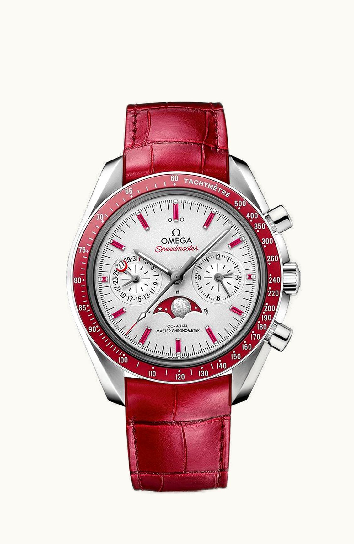 Omega Speedmaster Moonphase Chronograph Master Chronometer Platinum / Silver / Ruby
