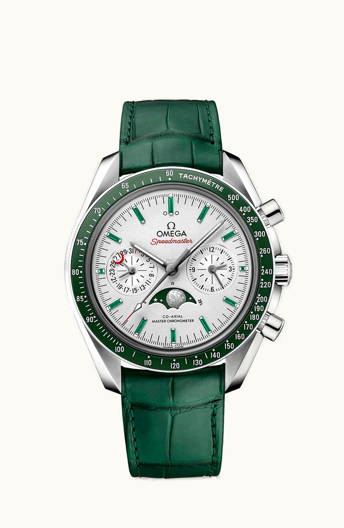 Omega Speedmaster Moonphase Chronograph Master Chronometer Platinum / Silver / Emerald