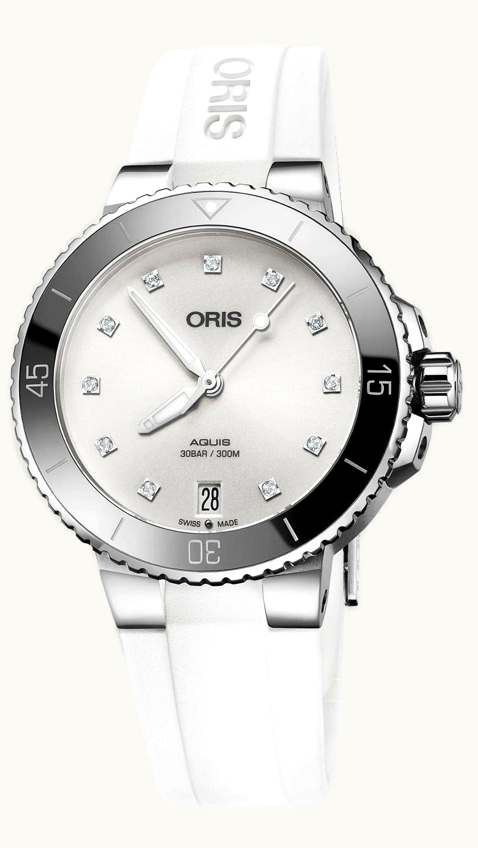 Oris Aquis Date 36.5 Stainless Steel / White - Diamond / Rubber