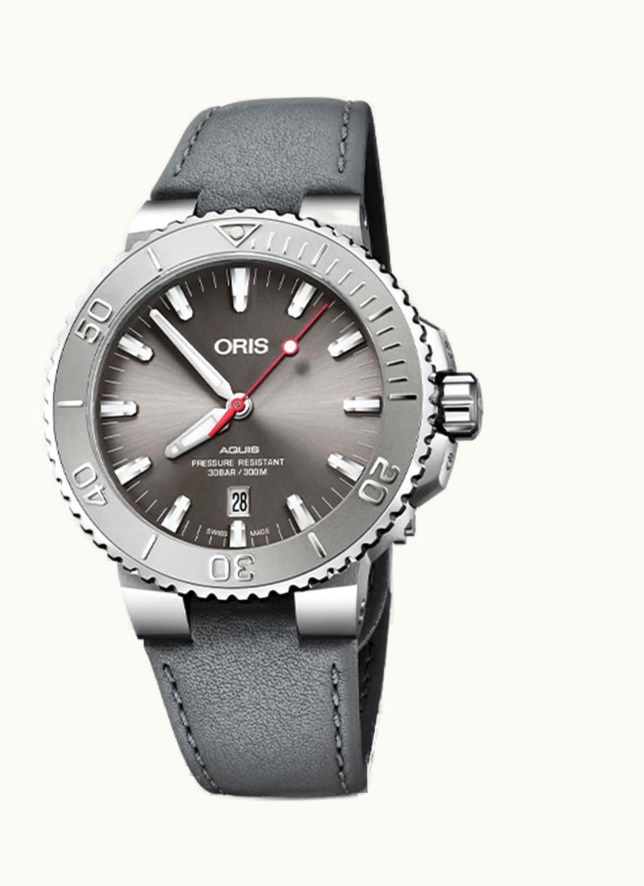 Oris Aquis Date 43.5 Relief Stainless Steel / Grey / Leather