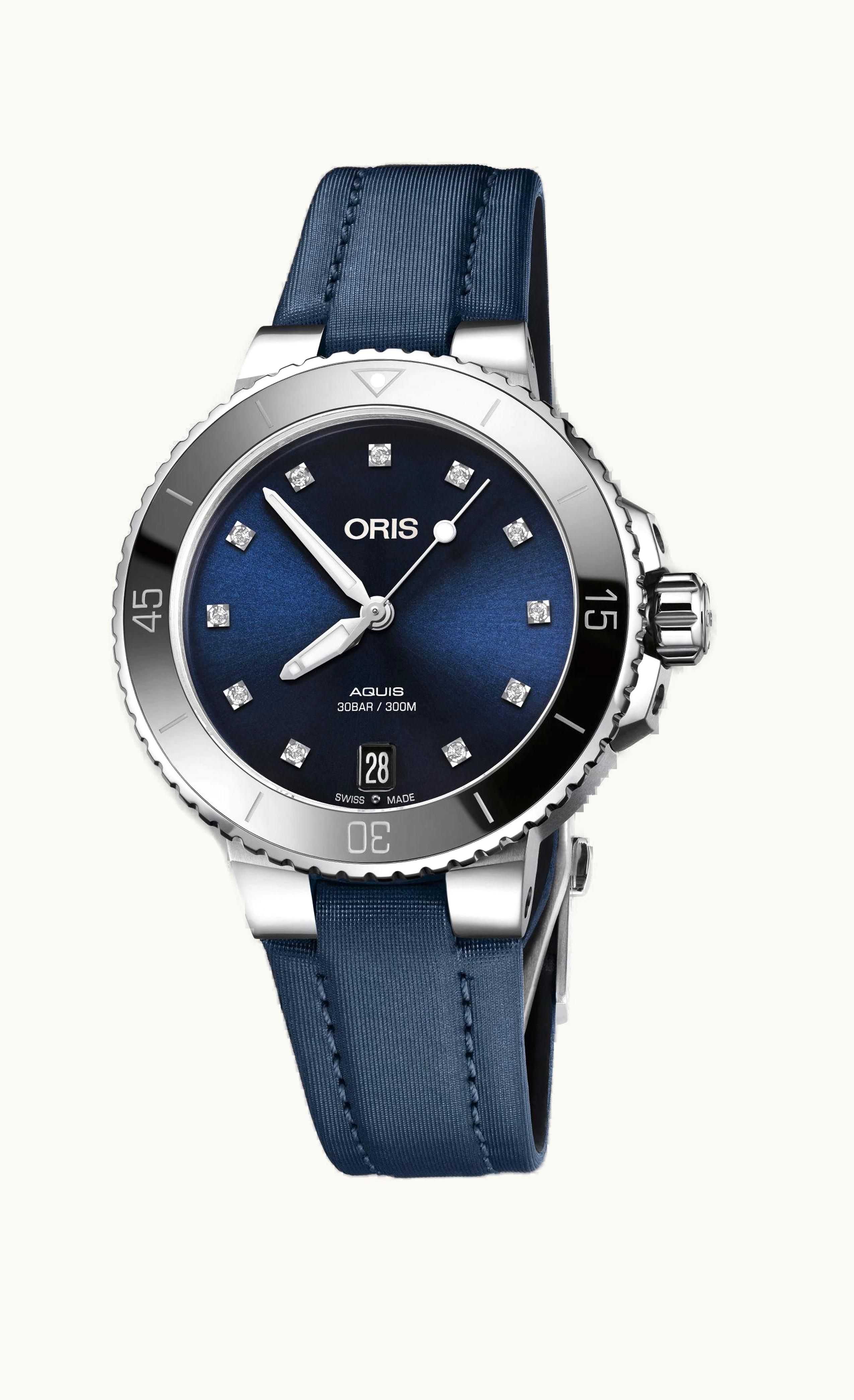 Oris Aquis Date Diamonds 36.5 Stainless Steel / Blue - Diamond / Textile
