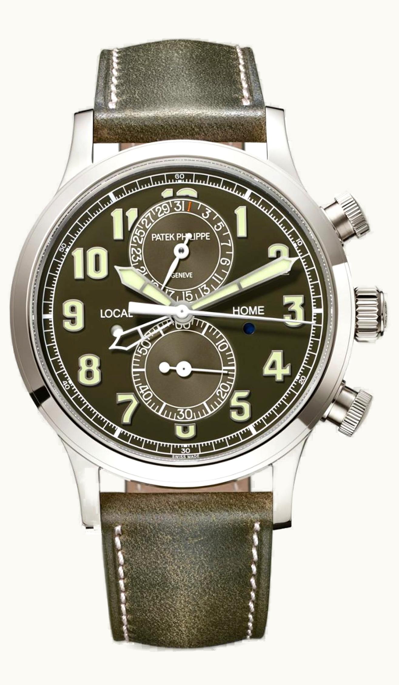 Patek Philippe Calatrava Pilot Travel Time Chronograph White Gold / Green