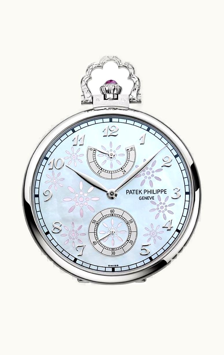 Patek Philippe Pocket Watch Lepine Power Reserve White Gold / Geisha under a Cherry Tree