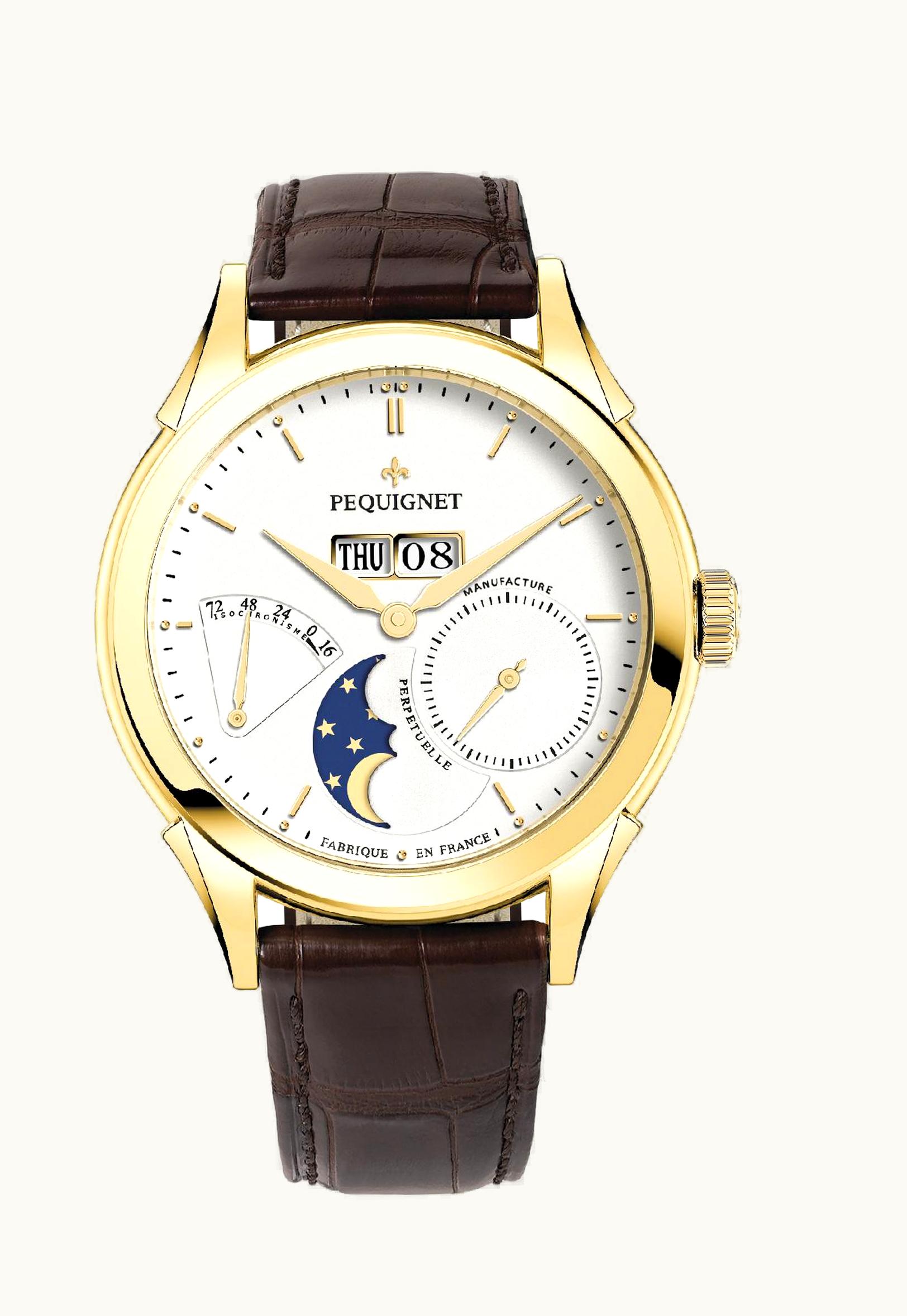 Pequignet Rue Royale Moonphase Yellow Gold / Silver / Brown Alligator